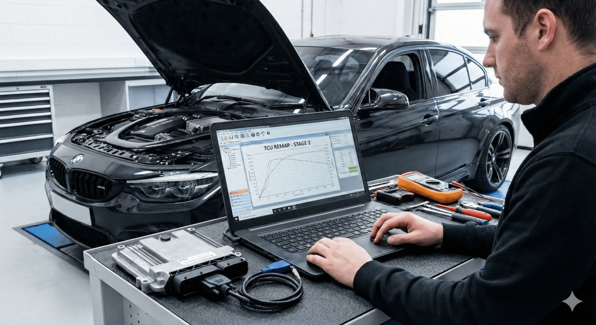 A man working on a laptop in front of a car