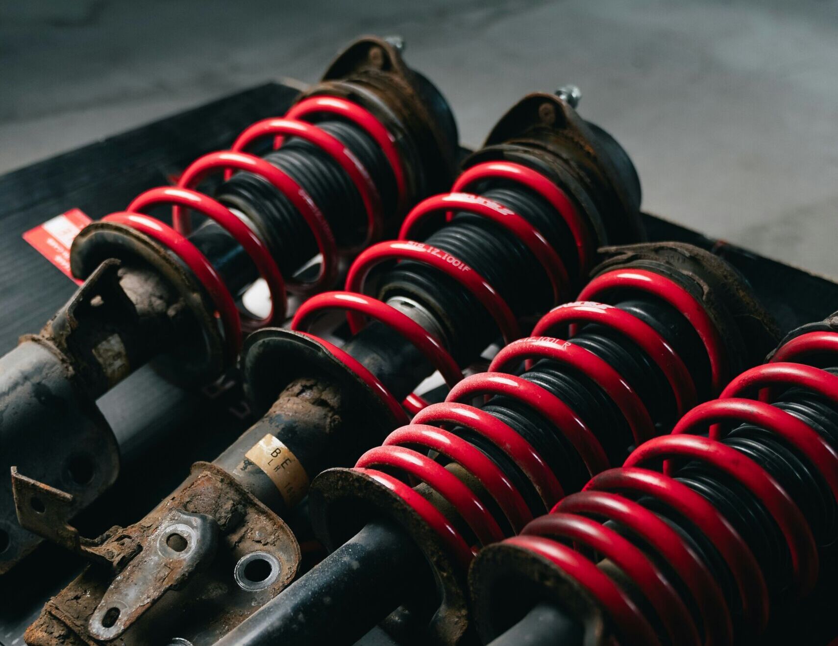 A close up of a car's front suspension