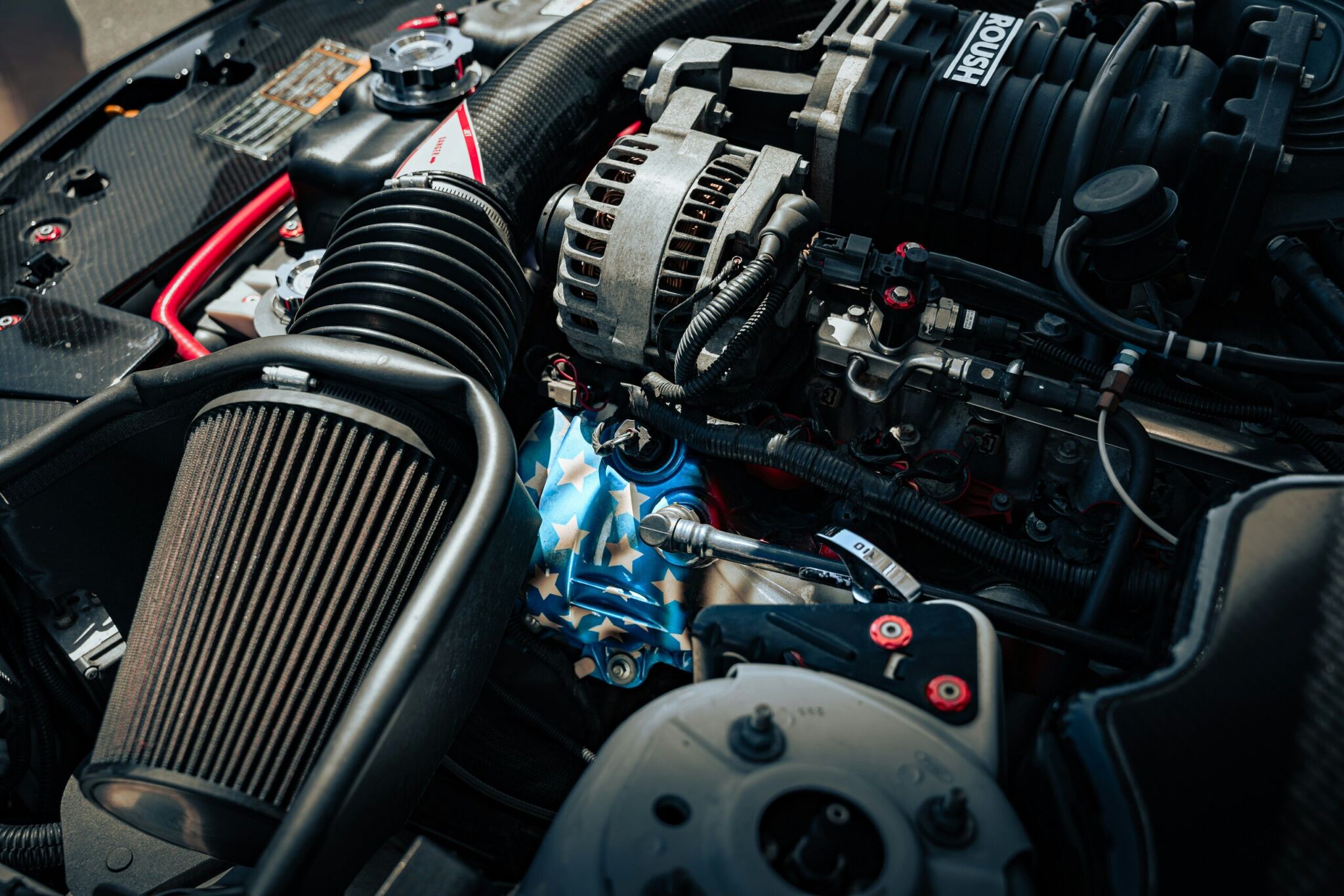 A close up of the engine of a car