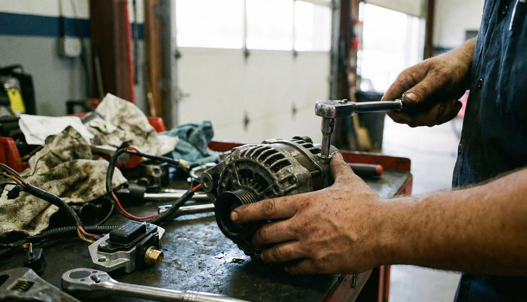 A man working on a motor in a garage