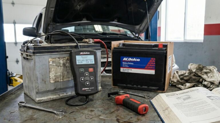 A car with its hood open next to a tool box