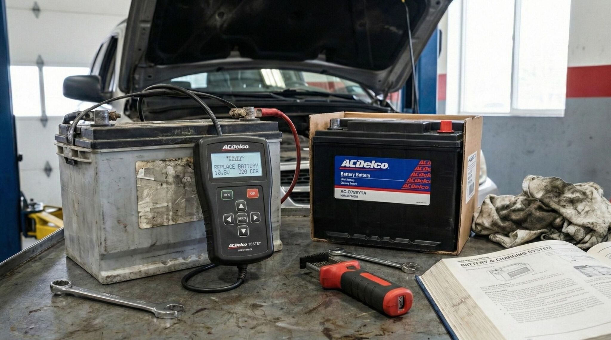A car with its hood open next to a tool box