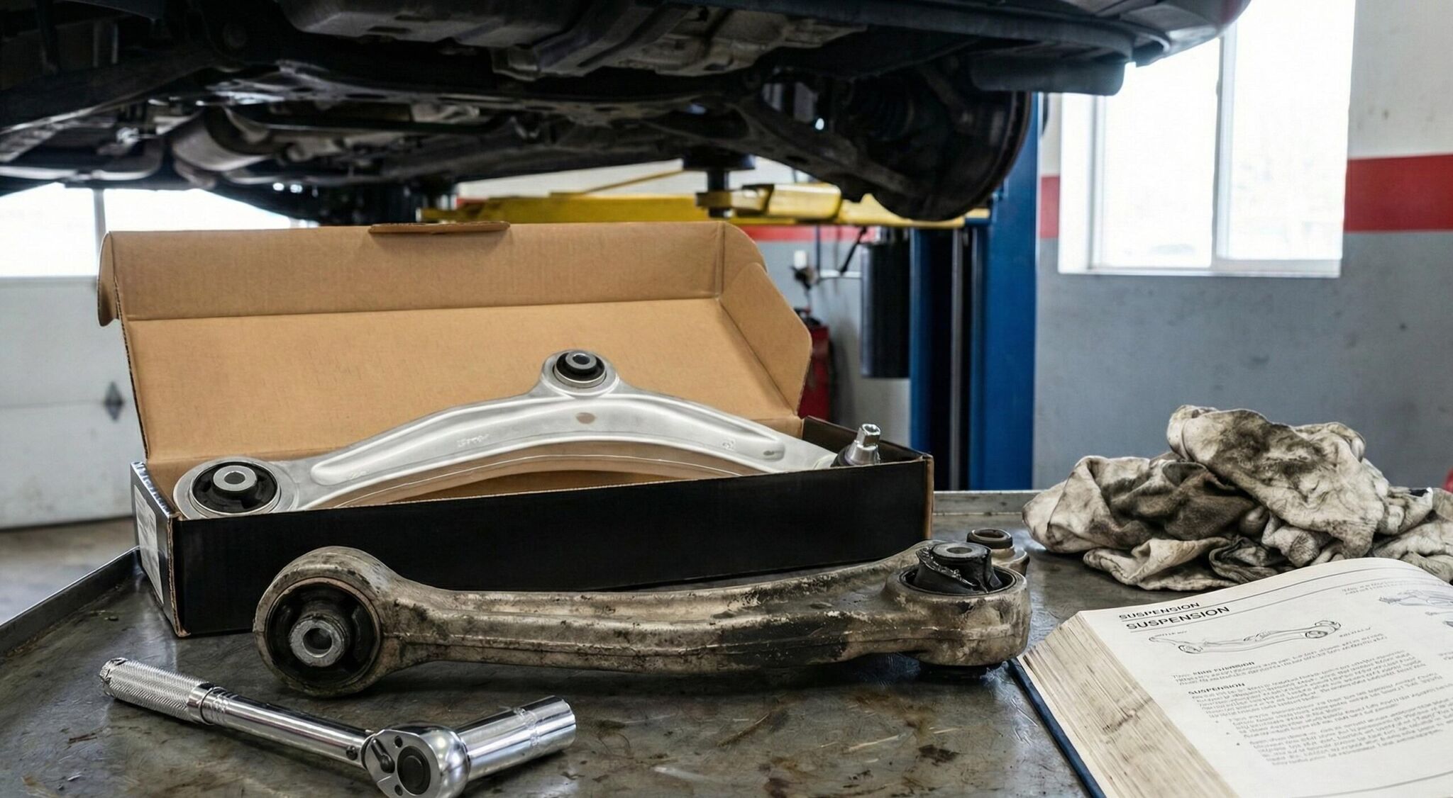 A car with a box and a wrench on a table