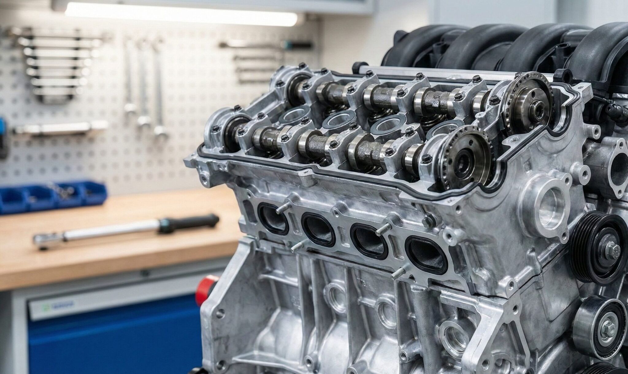 A close up of an engine in a garage