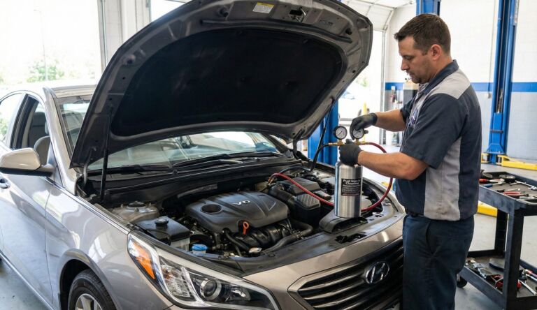 Mechanic performing fuel injector cleaning on a Hyundai sedan in an auto repair shop, ensuring optimal engine performance and maintenance.
