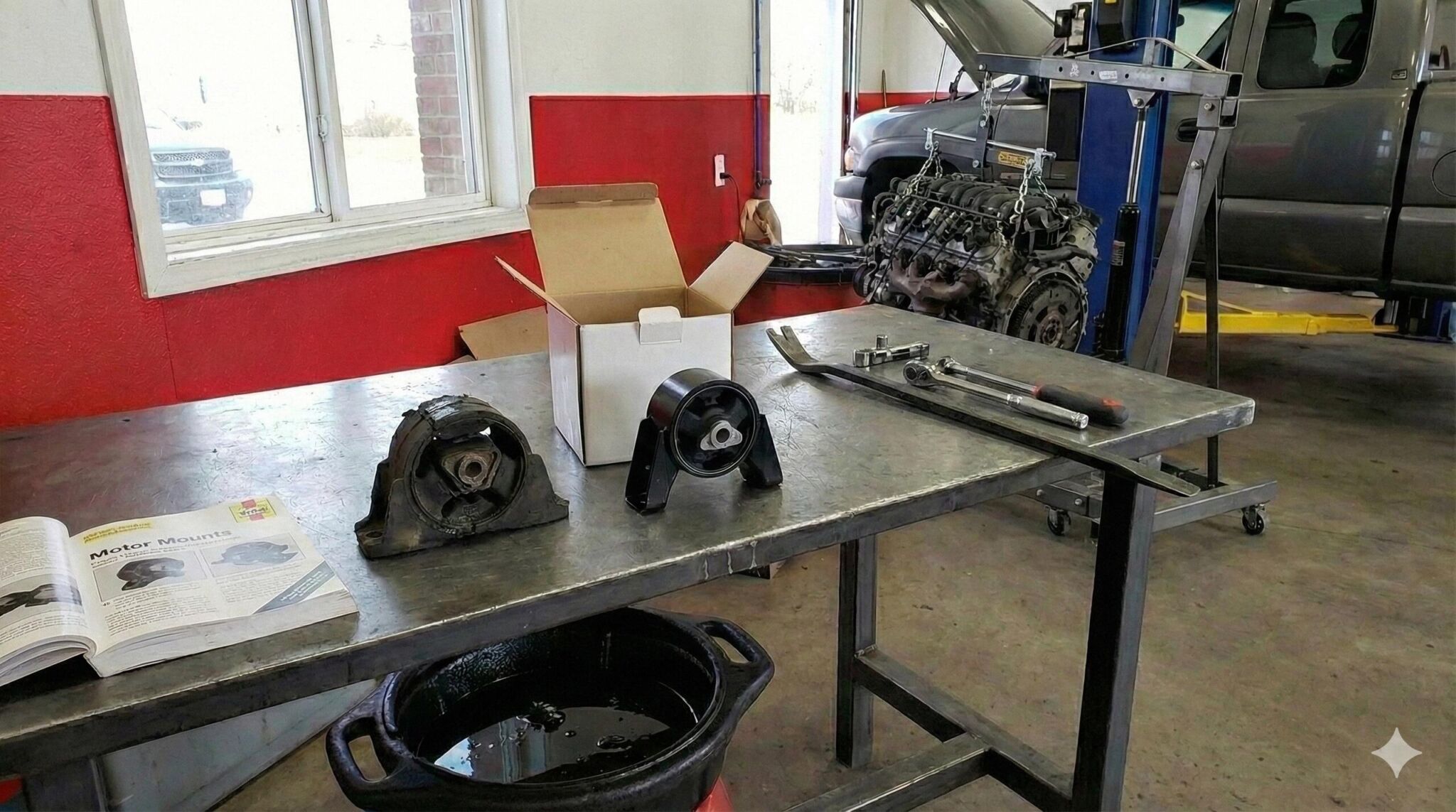 A workbench in a garage with a car engine