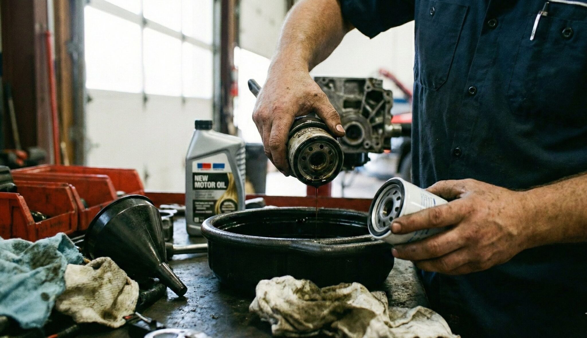 Mechanic changing oil filter, pouring new motor oil into a container, surrounded by tools and cleaning rags in a workshop setting.
