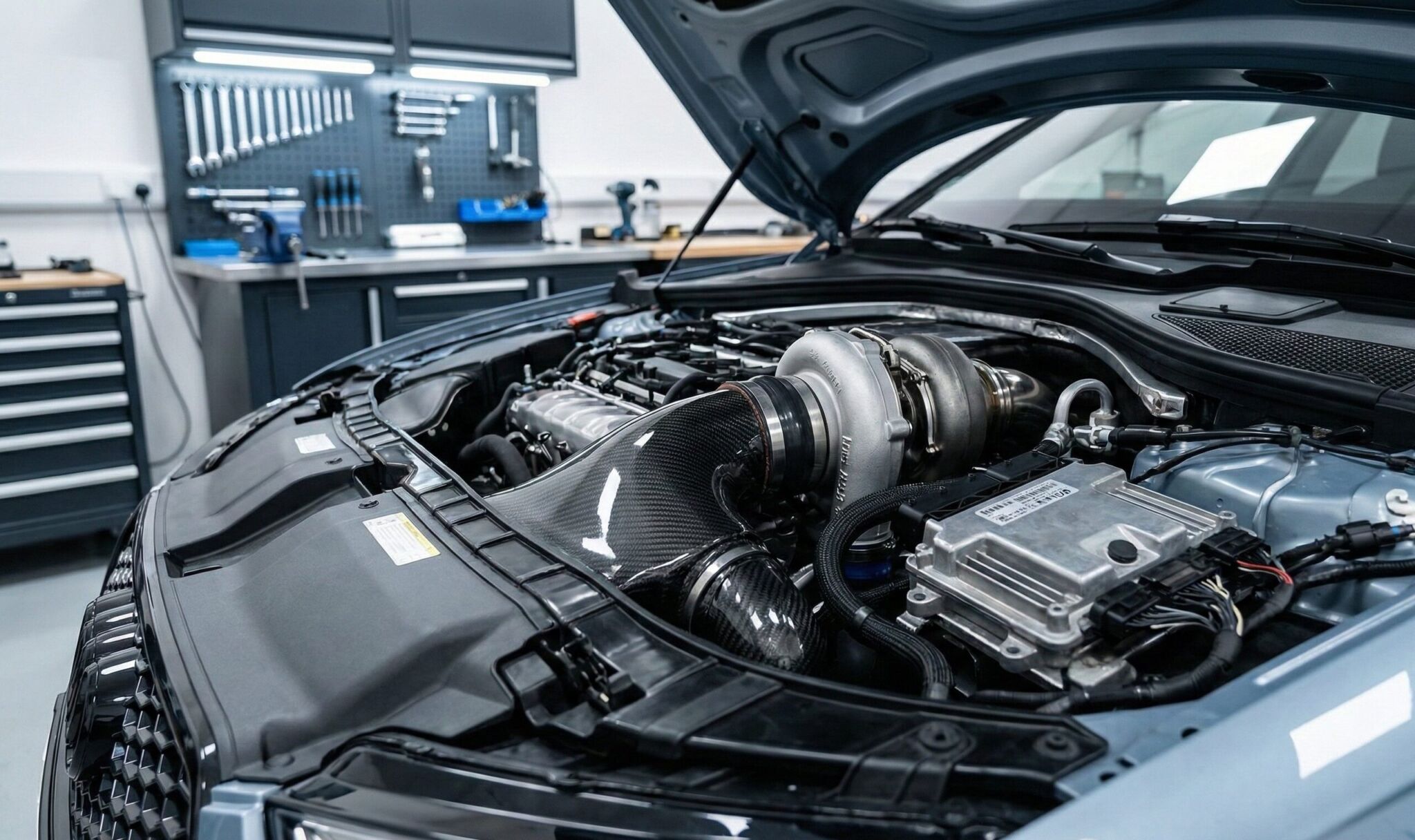 The engine of a car in a garage