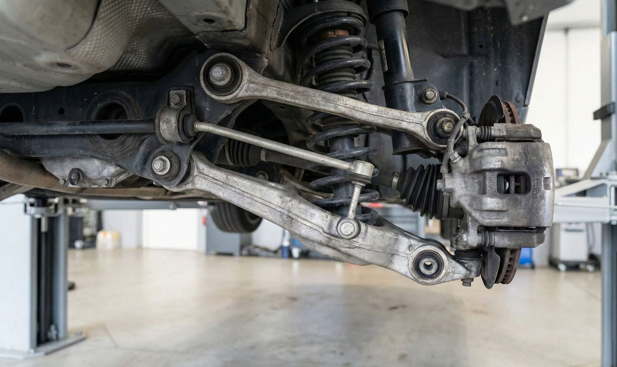 A close up of a car's front suspension