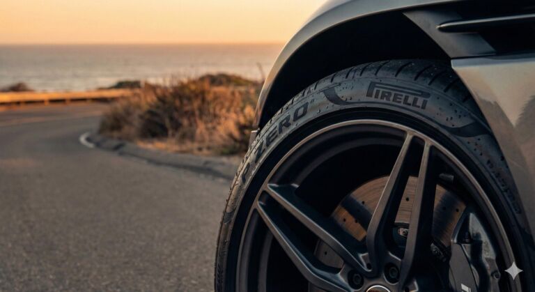 A close up of a tire on a car