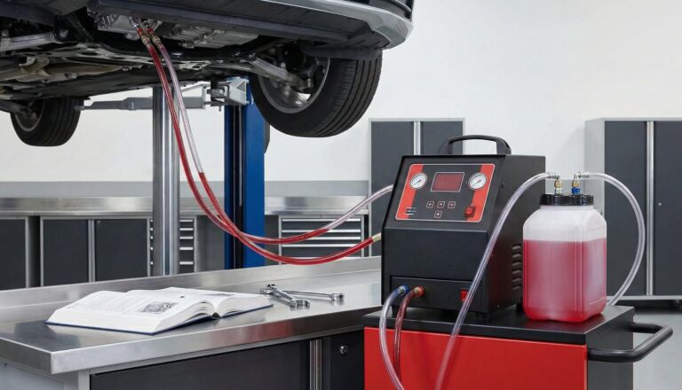 Automotive maintenance setup featuring a car lift, fluid exchange machine, and an open manual on a workbench in a garage.