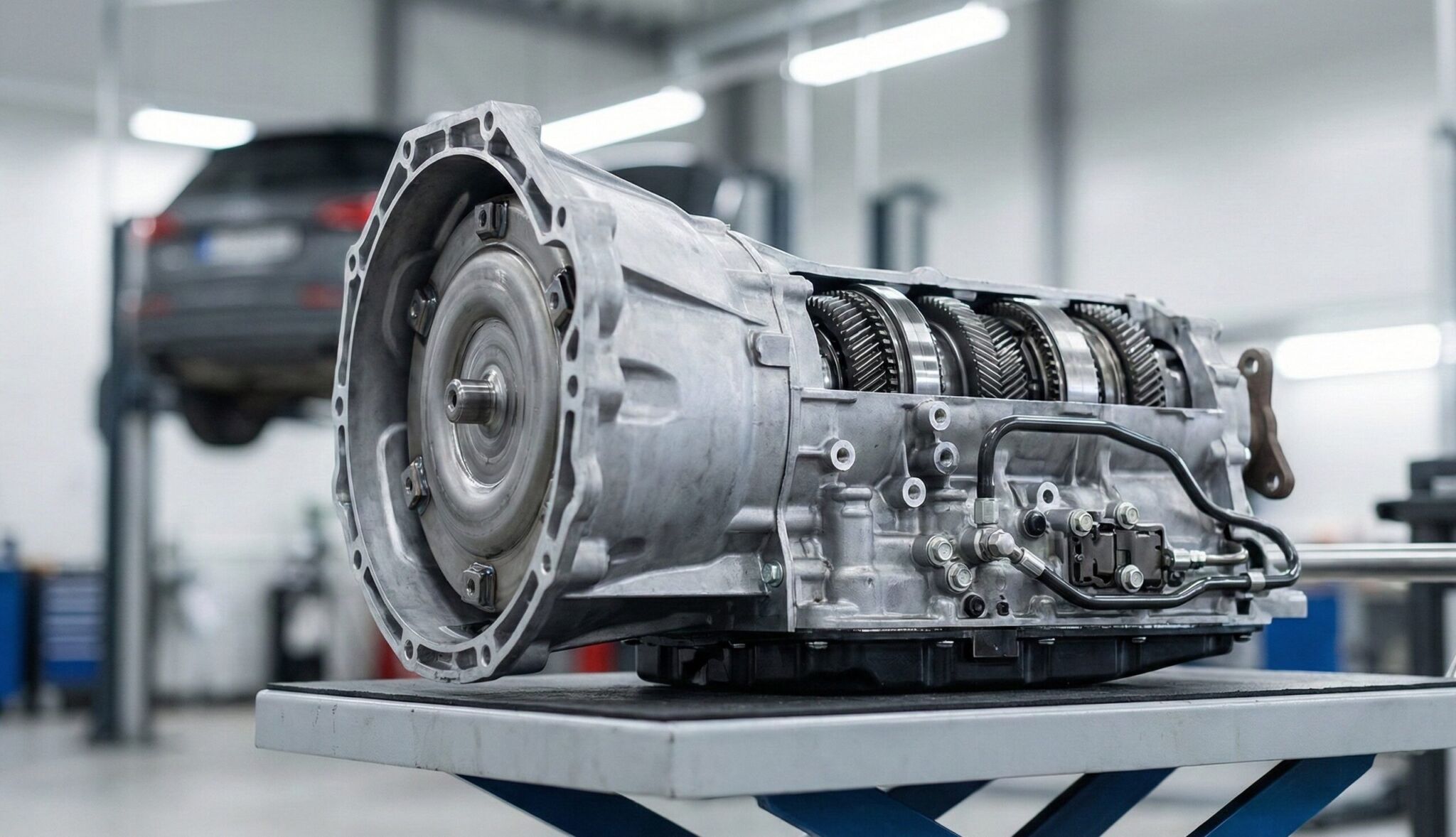 A close up of a car engine on a table